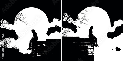 Emotional silhouette of a lone person sitting on a wall under a large full moon