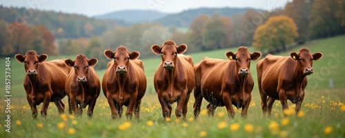 Six brown cows stand in a green field with yellow flowers. Hilly landscape with trees in background. Animals look at camera with calm expressions on their faces.