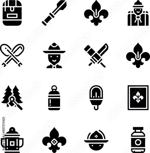 Set of black scouting and camping icons featuring fleur-de-lis and lanterns