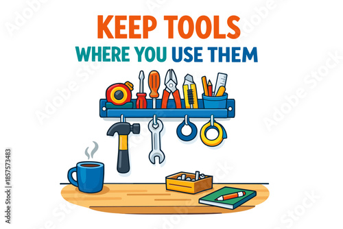 Keep tools organized on workbench with illustrated storage shelf for easy access