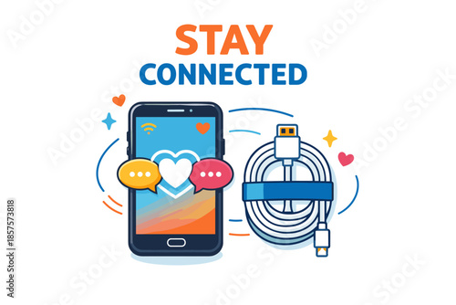 Stay connected: smartphone and usb cable with heart and chat icons