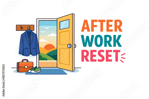 Evening relaxation scene with open door, suit, shoes, and sunset