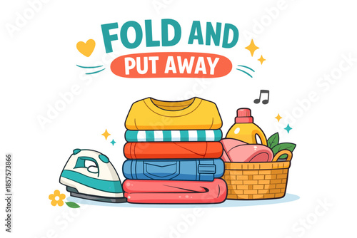 Laundry essentials: folded clothes, iron, and basket with detergent and towels