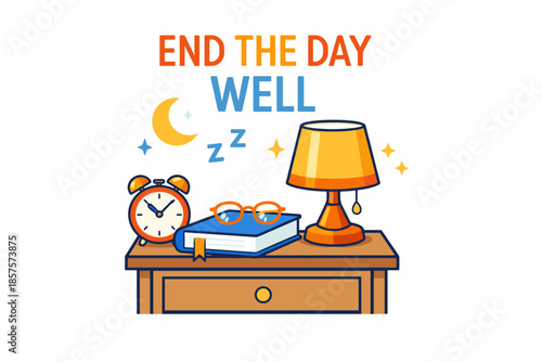 Nightstand with alarm clock, book, and lamp for relaxing evening routine