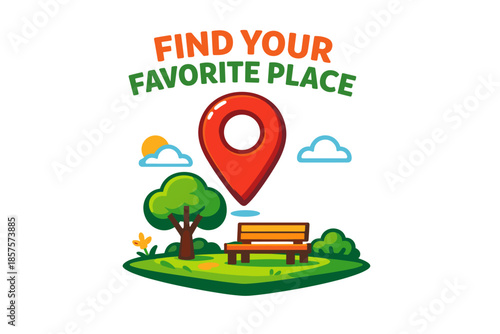 Park locator pin with bench and trees on sunny day