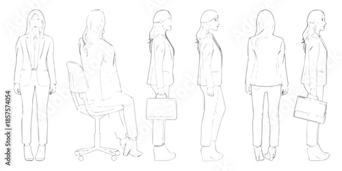 Fashion sketches of women in professional attire showcasing different poses and styles