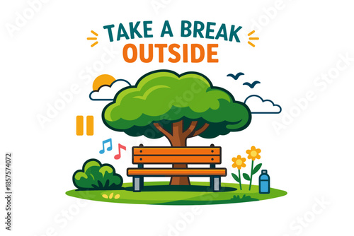 Relaxing outdoor park scene with bench and tree