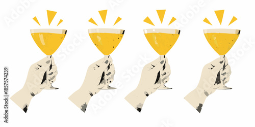 A celebratory illustration of hands holding champagne glasses with golden bursts
