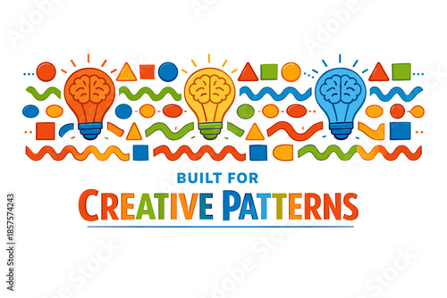 Vibrant abstract pattern with lightbulbs and geometric shapes in primary colors