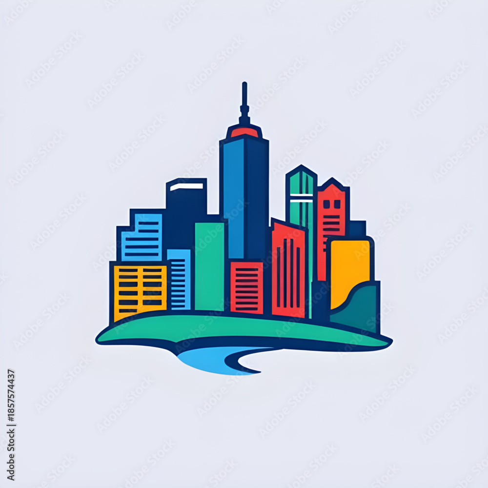 Obraz premium modern city icon, skyscraper silhouette vector, minimal cityscape, urban skyline illustration, line art city horizon, downtown city logo, metropolitan skyline design, city buildings line vector, citys