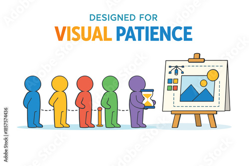 Colorful characters queue for gallery display with visual patience theme