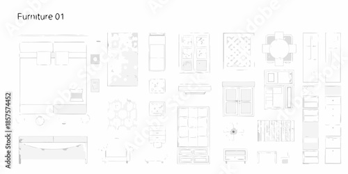 A collection of furniture outlines and top down views in a monochrome style