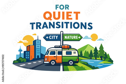 Campervan dividing city and nature with colorful signpost illustrating urban and rural transition