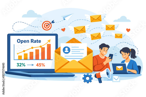 Email marketing strategy with open rate growth and communication team