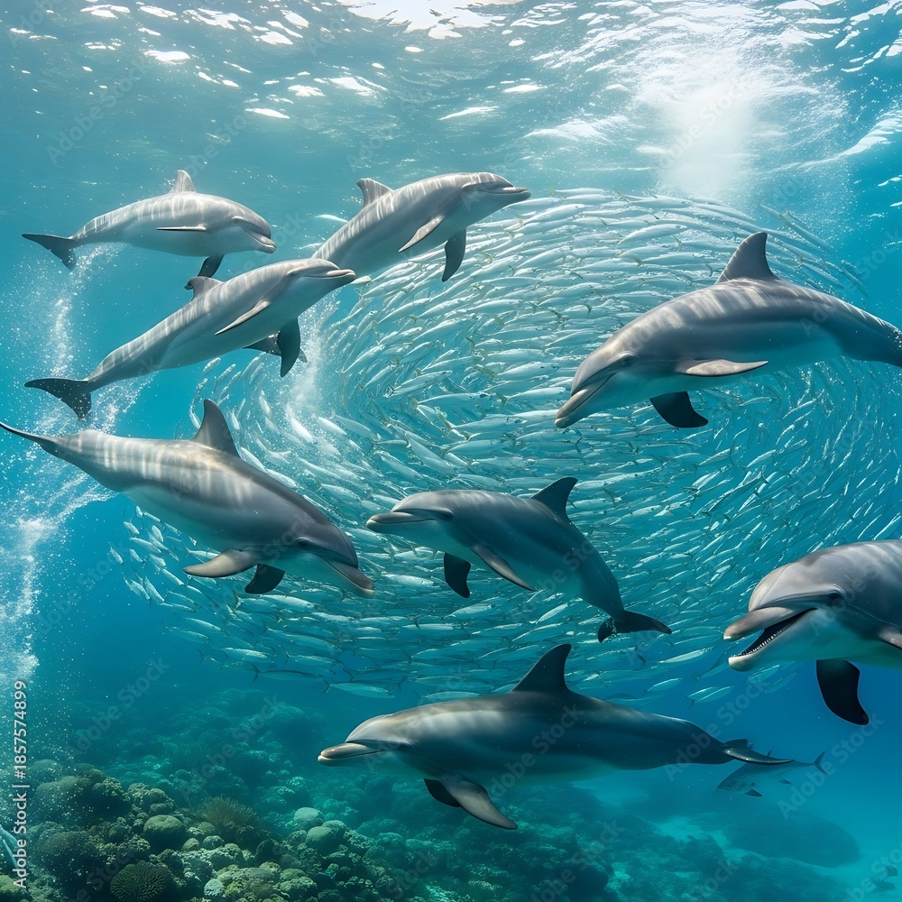 Fototapeta premium Dolphins hunting a school of fish underwater in a clear blue ocean.