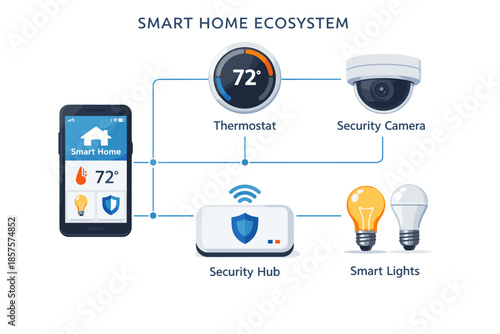 Smart home ecosystem diagram with thermostat, camera, security hub, and smart lights