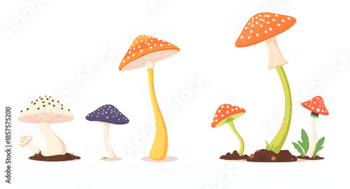 mushroom, fungi, toadstool, wild, edible, forest, nature, organic, fresh, plant, woodland, magic, poisonous, food, cute, cartoon, illustration, vector, colorful, healthy, natural, garden, harvest, coo