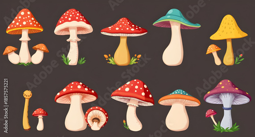mushroom, fungi, toadstool, edible, wild, forest, nature, organic, fresh, food, plant, woodland, magic, poisonous, illustration, vector, cute, cartoon, colorful, healthy, natural, garden, harvest, coo