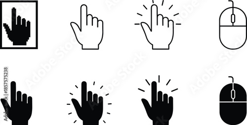 Computer mouse cursor hand click icons set with pixel arrow and pointing finger symbols for website interface and app navigation