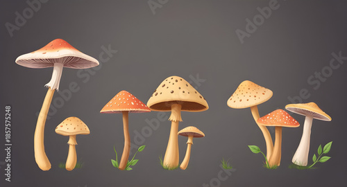 mushroom, fungi, toadstool, edible, wild, forest, nature, organic, fresh, food, plant, woodland, magic, poisonous, illustration, vector, cute, cartoon, colorful, healthy, natural, garden, harvest, coo