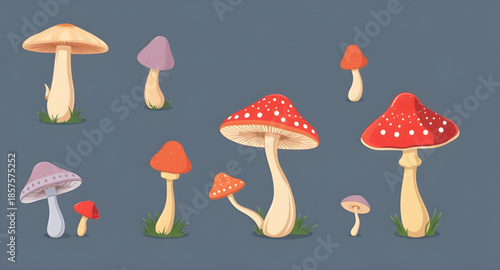mushroom, fungi, toadstool, edible, forest, wild, nature, organic, fresh, food, plant, woodland, magic, poisonous, cartoon, illustration, vector, cute, colorful, healthy, natural, garden, harvest, coo