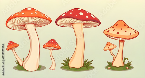 mushroom, fungi, toadstool, edible, forest, wild, nature, organic, fresh, food, plant, woodland, magic, poisonous, cartoon, illustration, vector, cute, colorful, healthy, natural, garden, harvest, coo