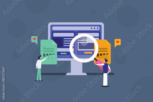 Visualization of campaign optimization, team of digital marketing experts compare landing page variants, accessing engagement metrics, content structures to determine winning conversion strategy.