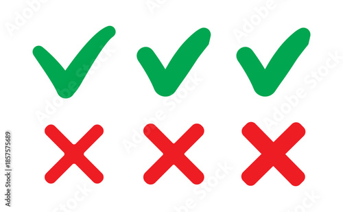 Set Green check mark and red cross mark. Simple symbols for yes and no. Clear visual for correct and incorrect. Vector illustration.