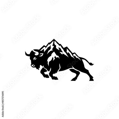 Powerful black bull silhouette combined with sharp mountain shapes, symbolizing strength, stability, and endurance, ideal for branding, logos, and bold identity design.