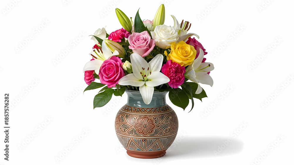 custom made wallpaper toronto digitalVibrant Fresh Flowers in Artistic Pottery Vase — Minimalist White Background