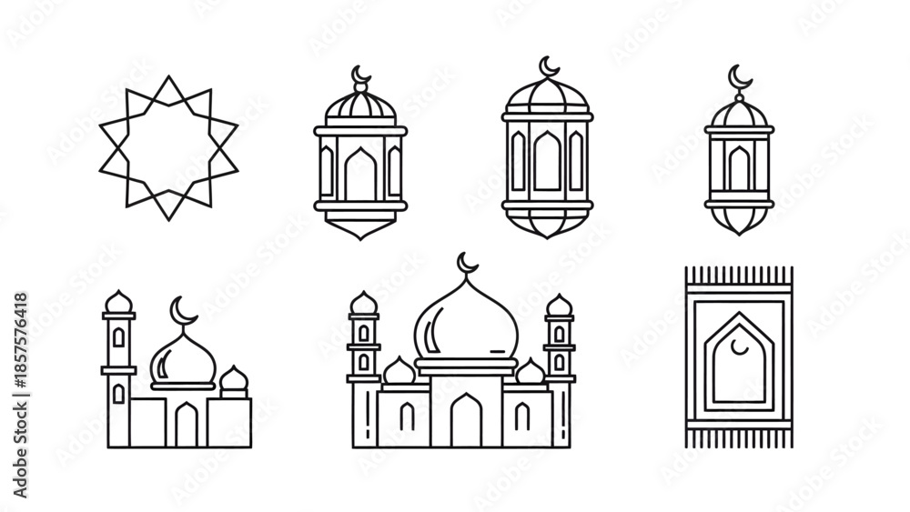 Fototapeta premium Islamic Line Icon Set, Ramadan Kareem Vector Elements with Mosque, Lanterns, Prayer Rug, and Rub el Hizb Star for Eid Mubarak Greeting Design