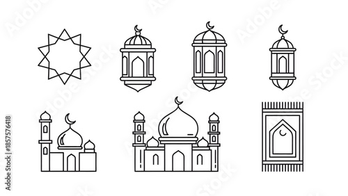 Islamic Line Icon Set, Ramadan Kareem Vector Elements with Mosque, Lanterns, Prayer Rug, and Rub el Hizb Star for Eid Mubarak Greeting Design