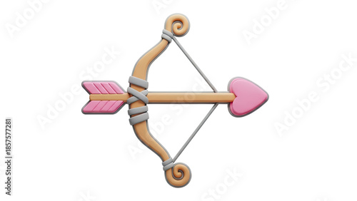 3D Cupid's Bow and Arrow with Heart Shape Arrowhead on transparent background