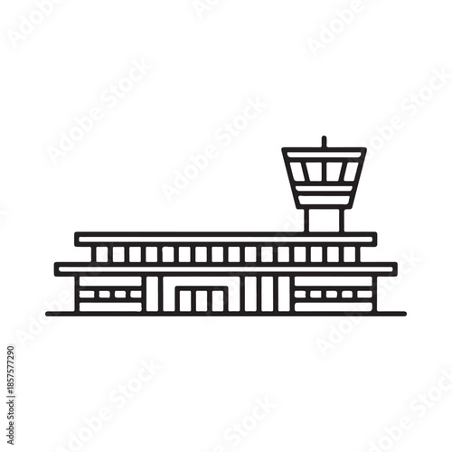 Simple line drawing of an airport control tower and terminal building