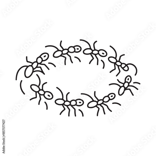 A simple line drawing depicts a circle formed by numerous ants
