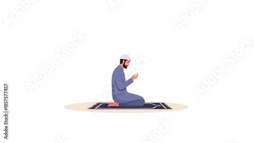 A man in a blue outfit sitting on a prayer mat, reading a book in a simple, flat illustration style against a clean white background with a calm and serene mood.
