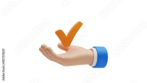 3D Hand holding orange check mark symbol on transparent background