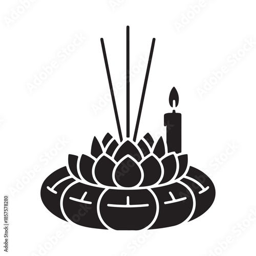Black silhouette of a lotus flower with a candle and incense sticks