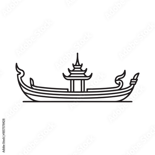 Detailed line drawing of a traditional thai longtail boat with ornate details