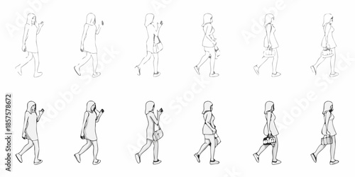 A sequence of minimalist sketches depicting a woman walking in various poses