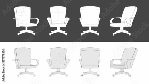 Illustrations of office chairs in varying perspectives and visual styles