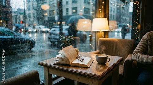 Savoring serenity cozy coffee retreat in an urban  rainy day intimacy inviting atmosphere book and city views
