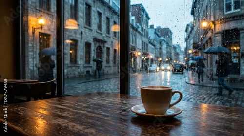 Savoring a cozy coffee moment urban  tranquil interior rainy evening window view embracing the serenity of rainy streets