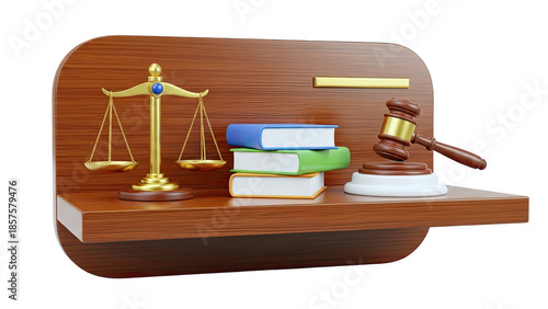 3D Law and Justice Symbols on a Wooden Shelf on transparent background