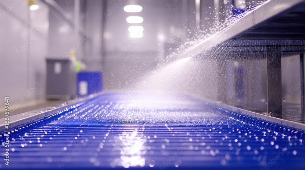 Obraz premium Row of industrial decontamination showers spraying water in a bright illuminated facility