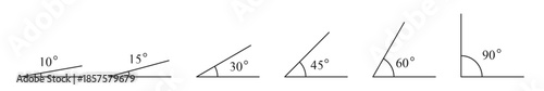 Collection of acute and right angles of triangle. Various angles 10, 15, 30, 45, 60, 90 degree icon set. geometry and trigonometry icon set vector illustration