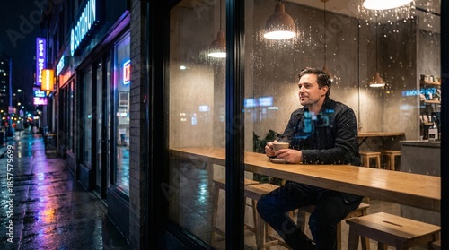 Man sipping coffee urban  digital illustration rainy night intimate viewpoint relaxation concept