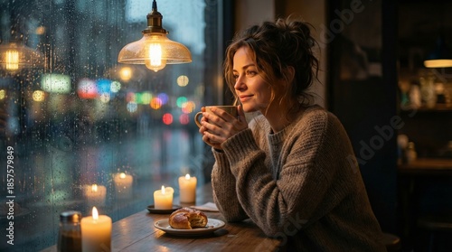 A woman savoring warm coffee by a rainy window reflecting on life's moments cozy indoor scene intimate perspective