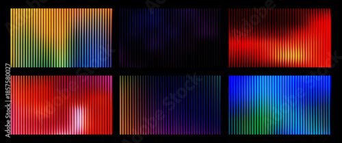 Ripple glass distortion background set. Collection Abstract fractal effect ribbed glass texture with vibrant gradients. Reeded Bold dynamic design blending futuristic tones vector bg..