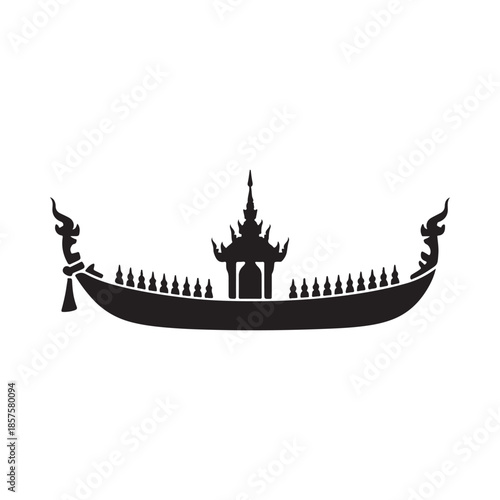 Stylized black silhouette of a traditional thai longtail boat with ornate details